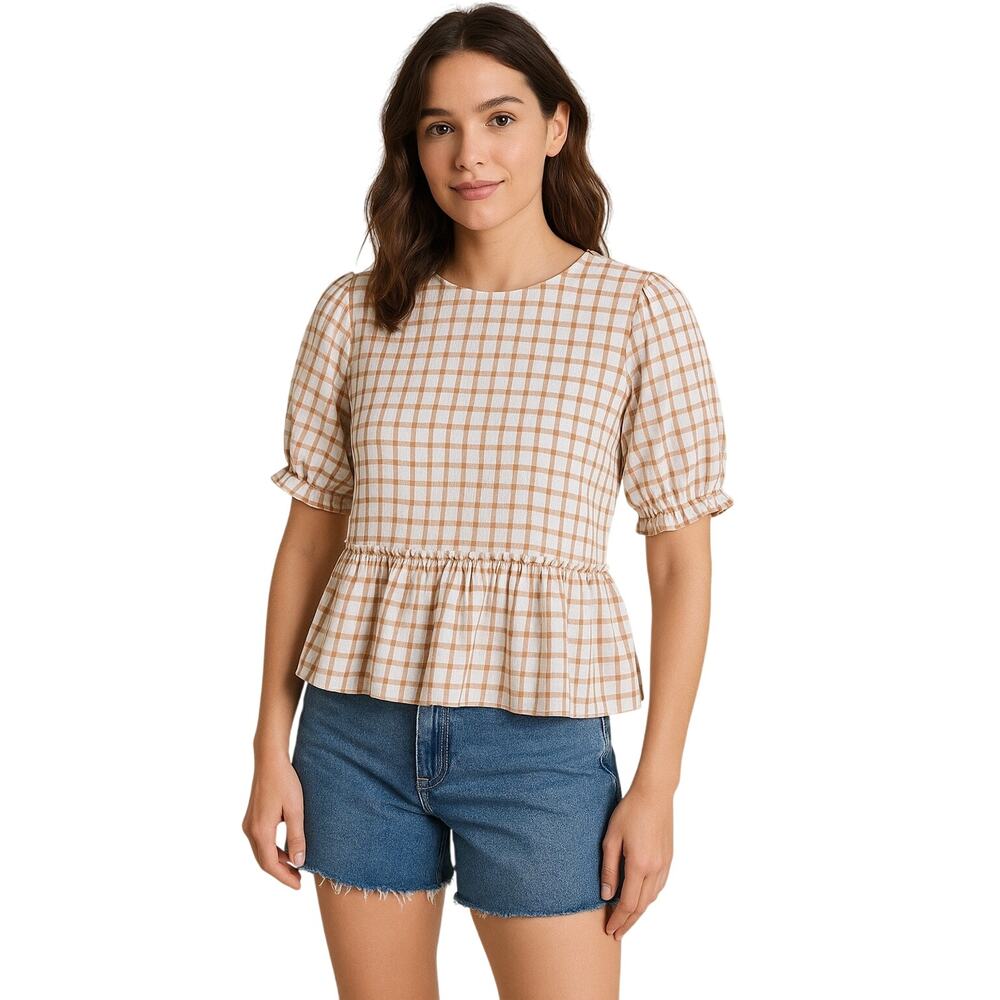 Paper Crane Peplum Blouse Puff Sleeve Gingham Check – Size Small